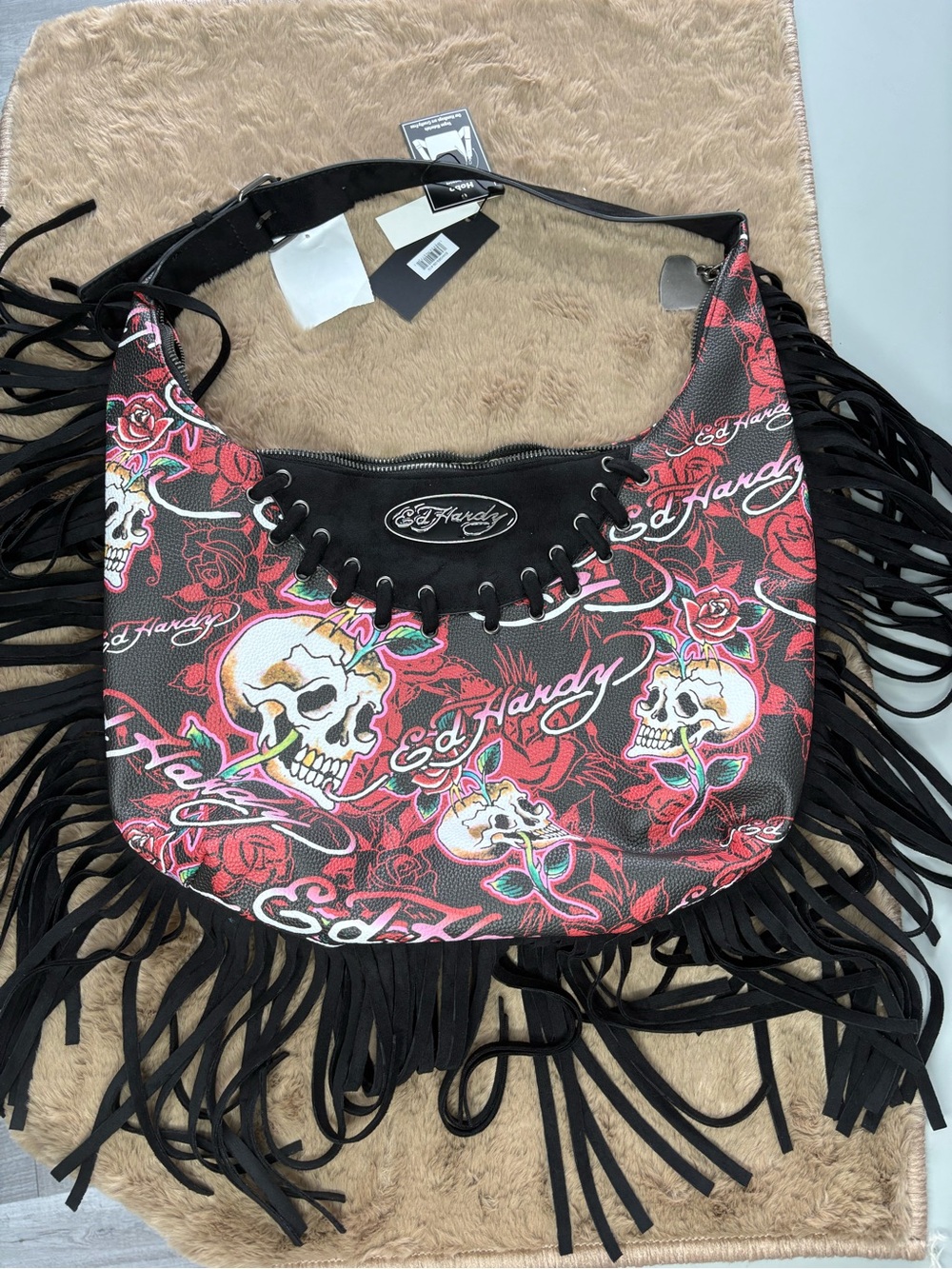 Ed Hardy Black & Red Skull and Rose Fringe Shoulder Bag